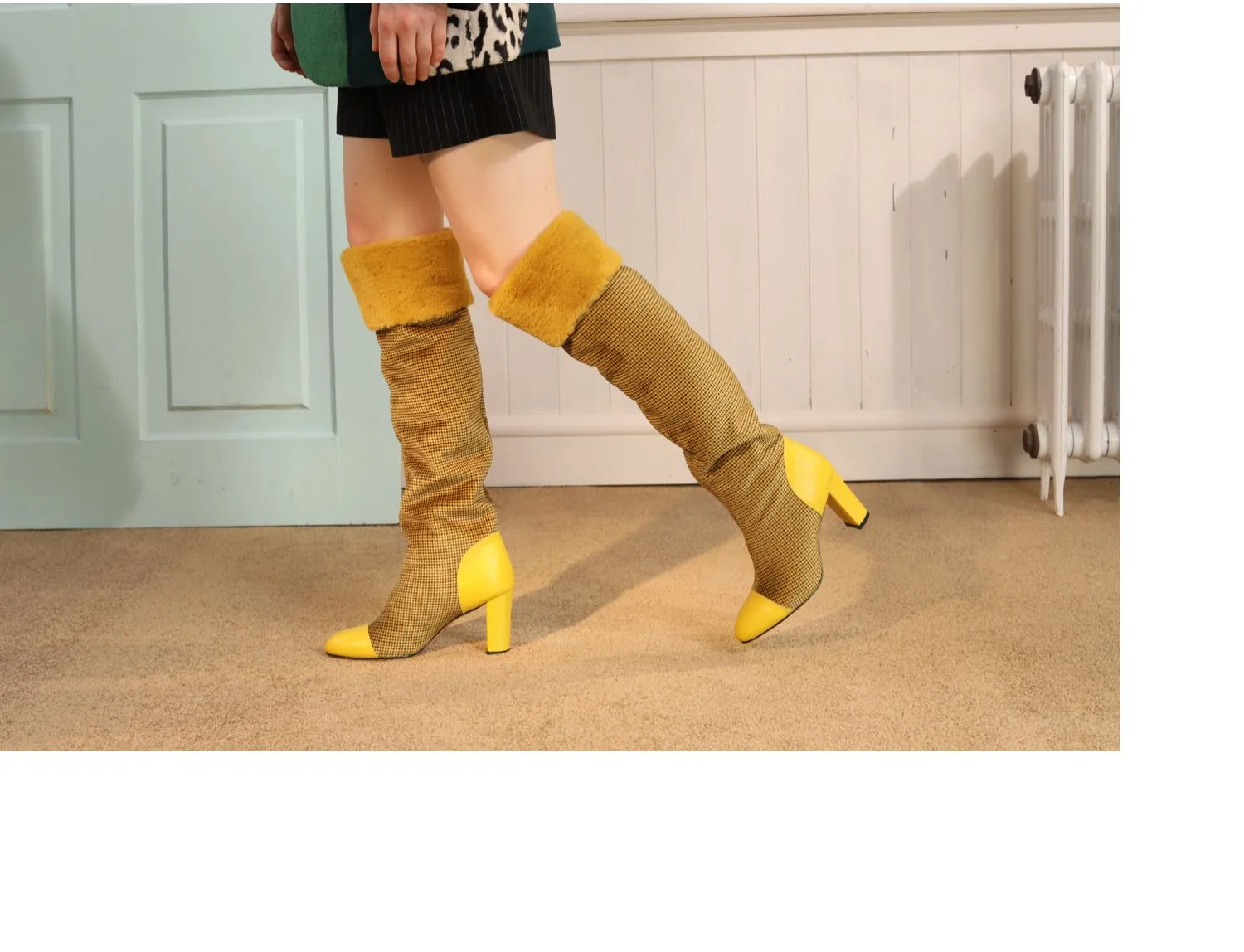 B-FEI original design color matching grid plush thick fur boots ginger yellow- Gilia