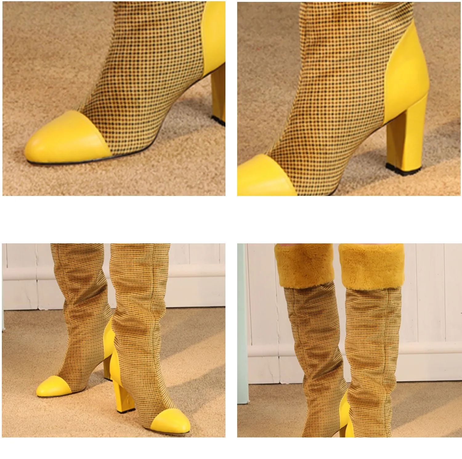 B-FEI original design color matching grid plush thick fur boots ginger yellow- Gilia