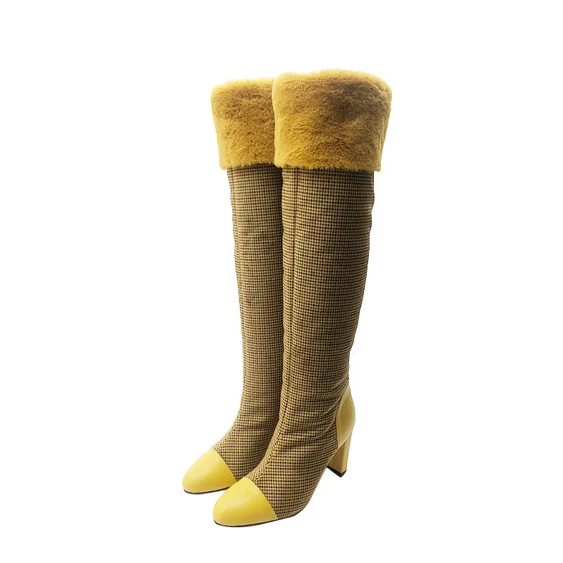 B-FEI original design color matching grid plush thick fur boots ginger yellow- Gilia