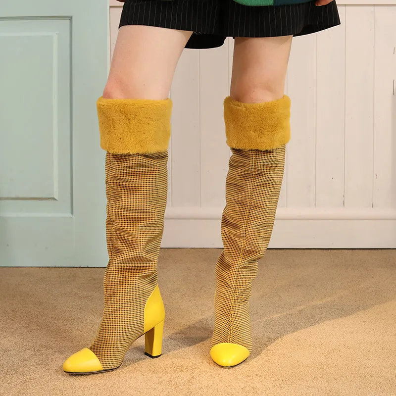 B-FEI original design color matching grid plush thick fur boots ginger yellow- Gilia