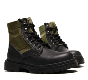 BOOPDO MESS DESIGN FLAT HIKER BOOTS IN BLACK GREEN