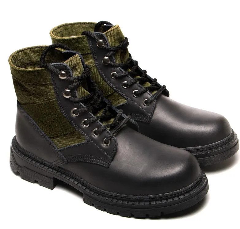 BOOPDO MESS DESIGN FLAT HIKER BOOTS IN BLACK GREEN