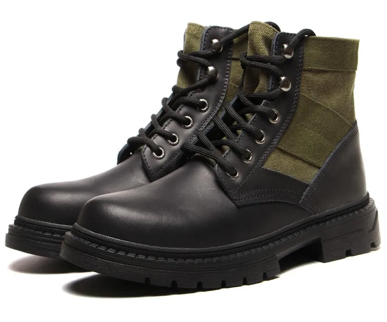 BOOPDO MESS DESIGN FLAT HIKER BOOTS IN BLACK GREEN