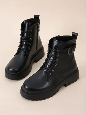 Buckle Design Lace-up Front Combat Boots