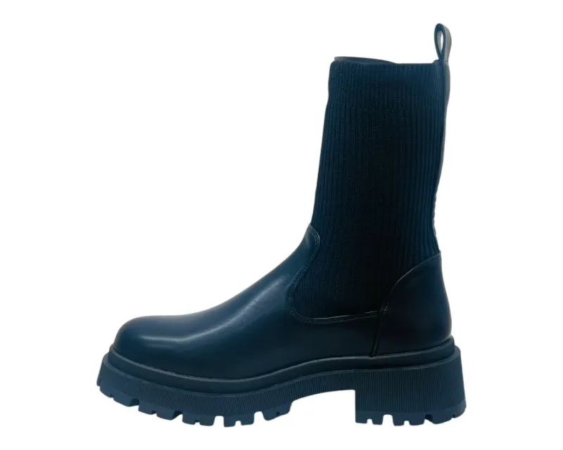 Chunky Sole Faux Leather Knitted Ankle Boots