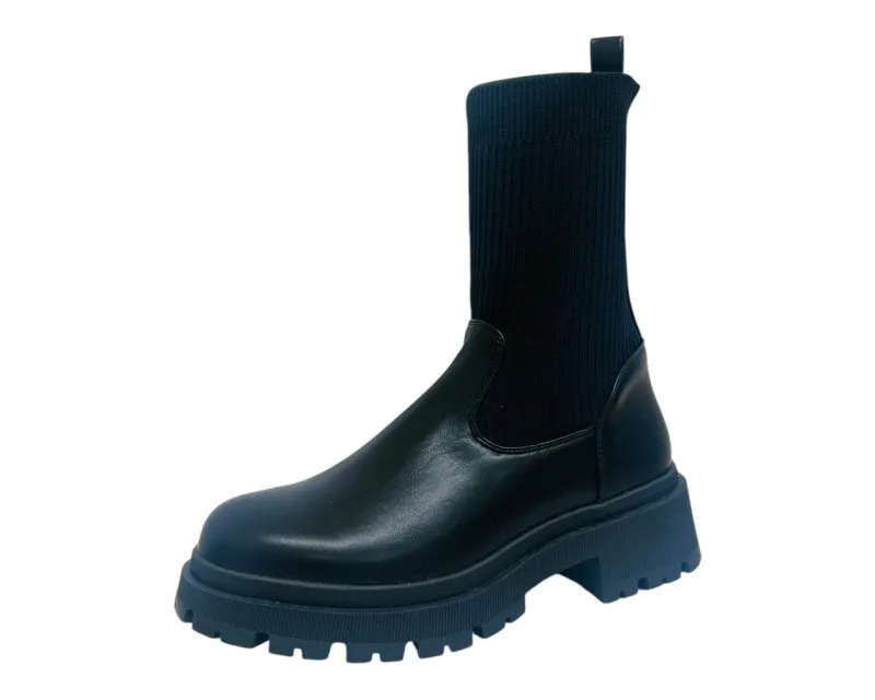 Chunky Sole Faux Leather Knitted Ankle Boots
