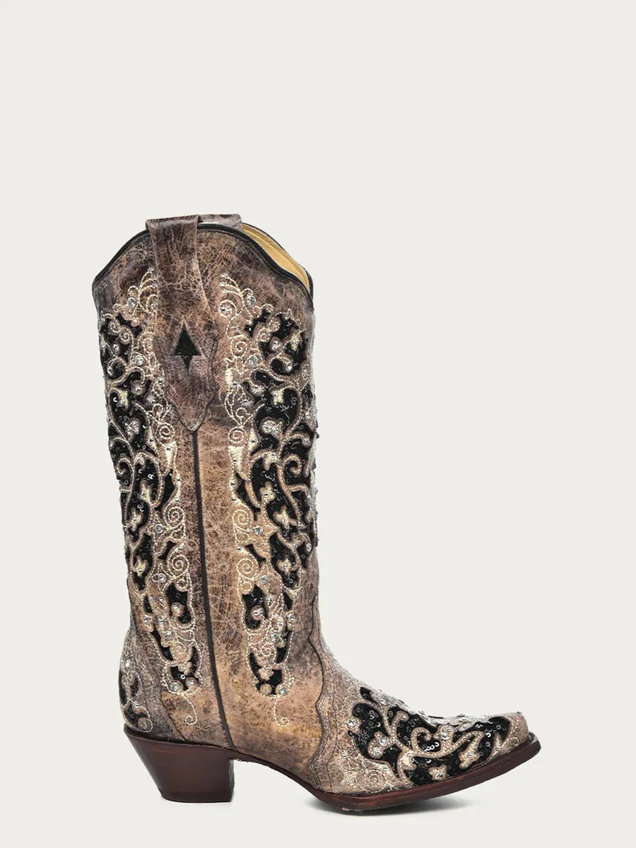 Corral Ladies Brown Black Inlay Floral Embroidery Studs and Crystals A3569