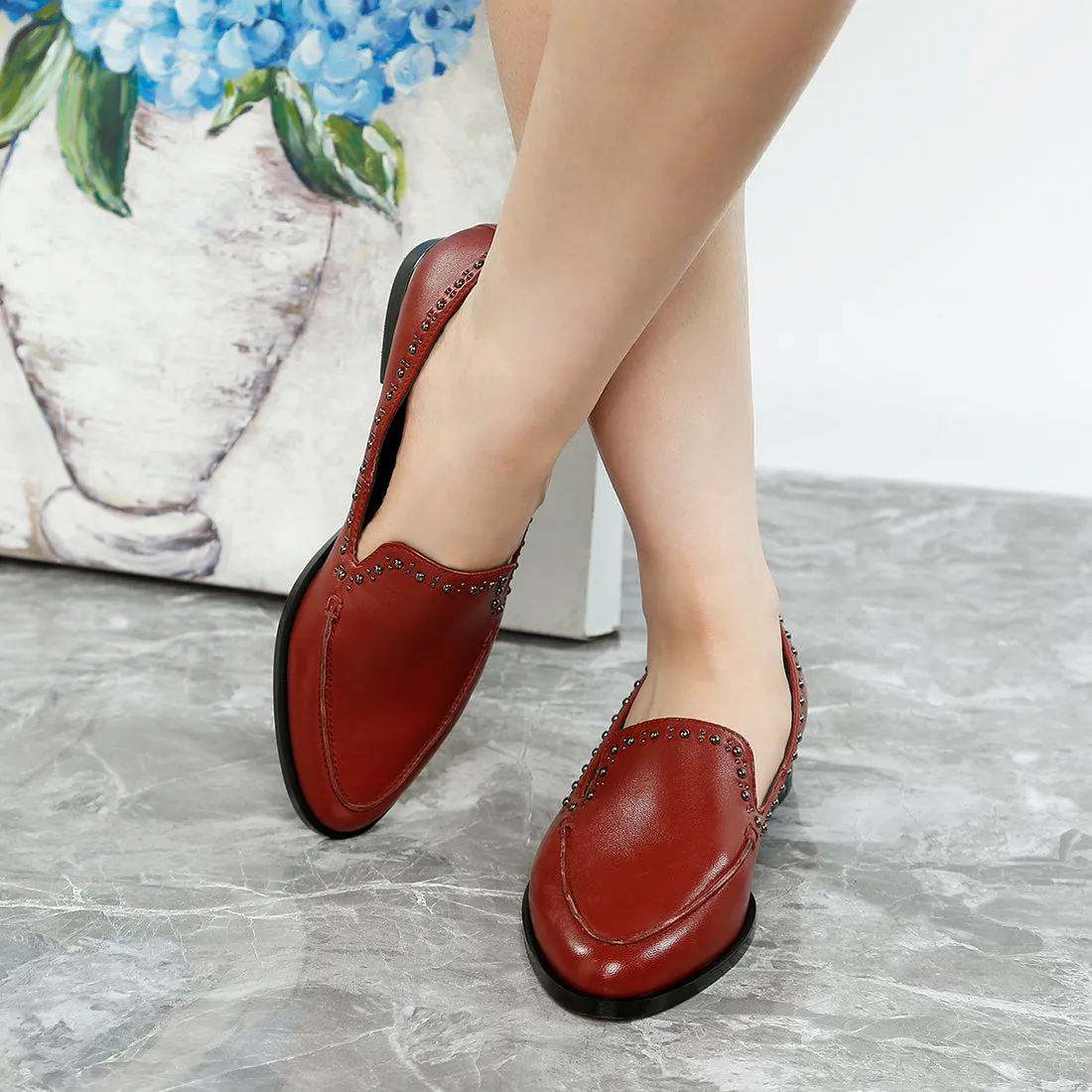 Delicate Stud Detail Leather Loafers