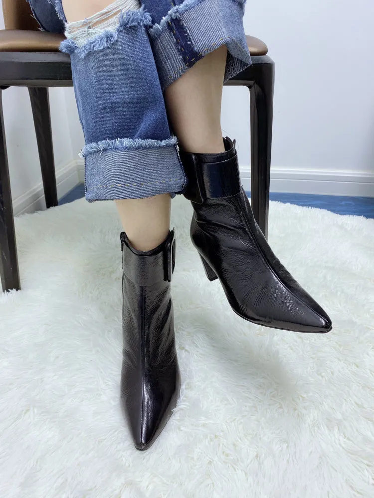 LUXE SEVEN DESIGN BUCKLE HEELED ANKLE BOOTS