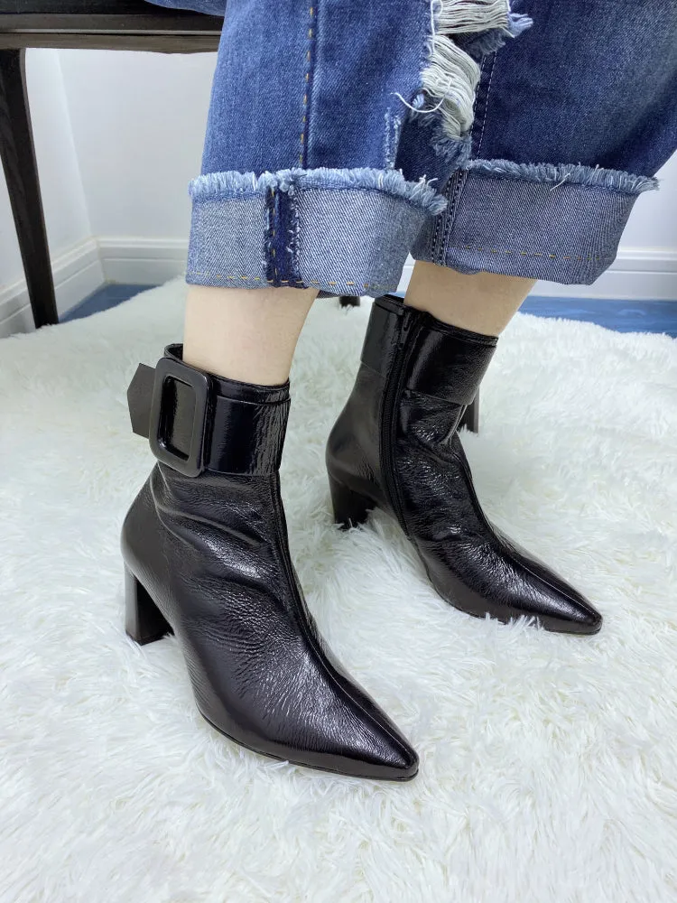 LUXE SEVEN DESIGN BUCKLE HEELED ANKLE BOOTS