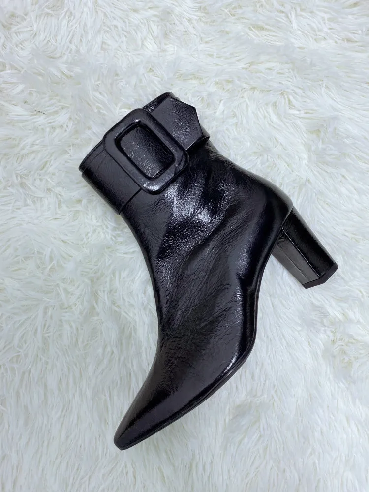 LUXE SEVEN DESIGN BUCKLE HEELED ANKLE BOOTS