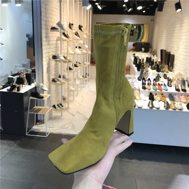 LUXE SEVEN DESIGN SQUARE TOE BLOCK HEELED SOCK BOOTS