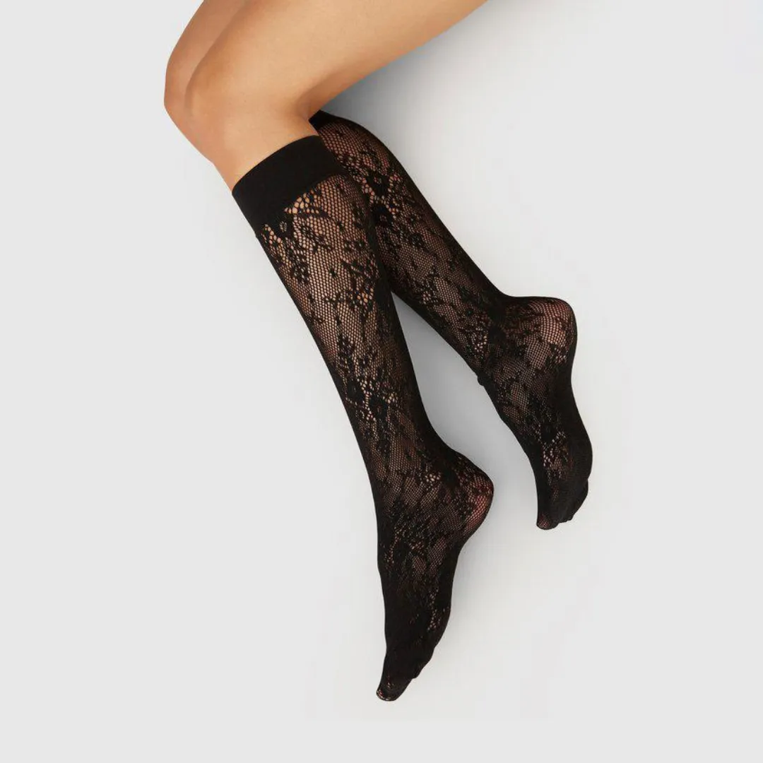 Rosa Lacy Floral Knee-High Tights: Black