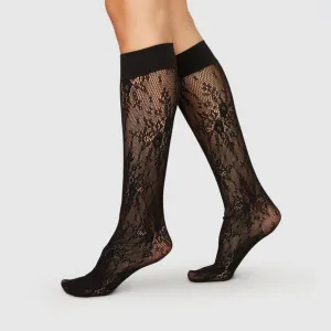 Rosa Lacy Floral Knee-High Tights: Black