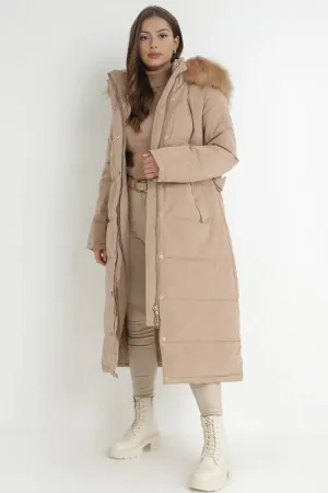 Taupe Winter Versatile Plush Hooded Belt Decor Thermal Cotton Coat