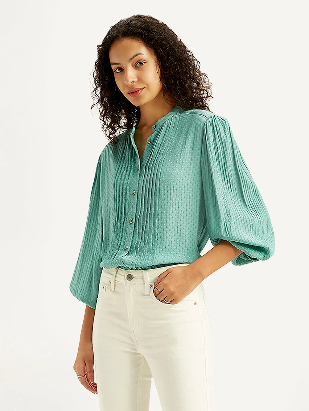 Women's Self Design Turquoise Band Neck Top